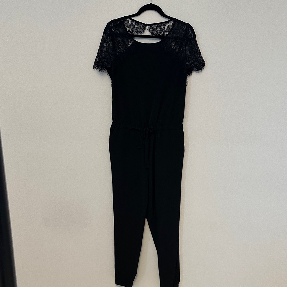 LOFT Black Lace Sleeve Jumpsuit